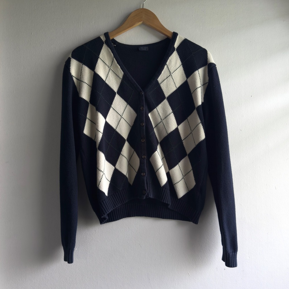 J. Galt Argyle Knit Button Cardigan Women One Size Navy Blue Preppy Academia